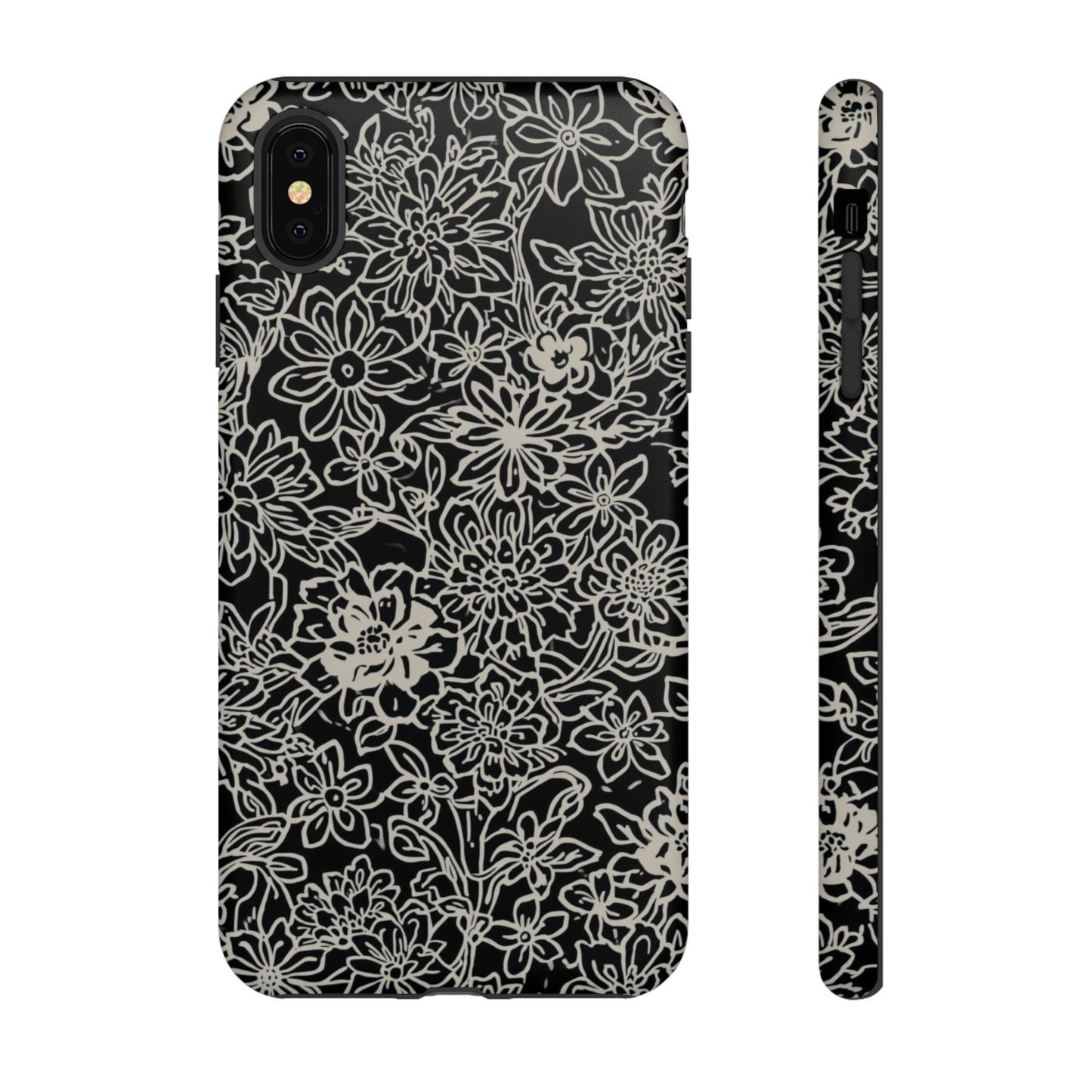 Floral Doodle Tough Phone Case — Black & White Sketch Flower Protective Cover