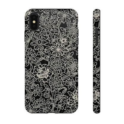 Floral Doodle Tough Phone Case — Black & White Sketch Flower Protective Cover