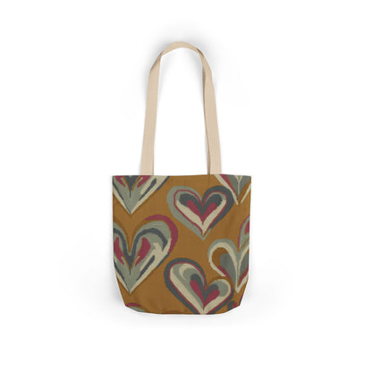 Boho Heart Canvas Tote — Retro Mustard Floral Pattern