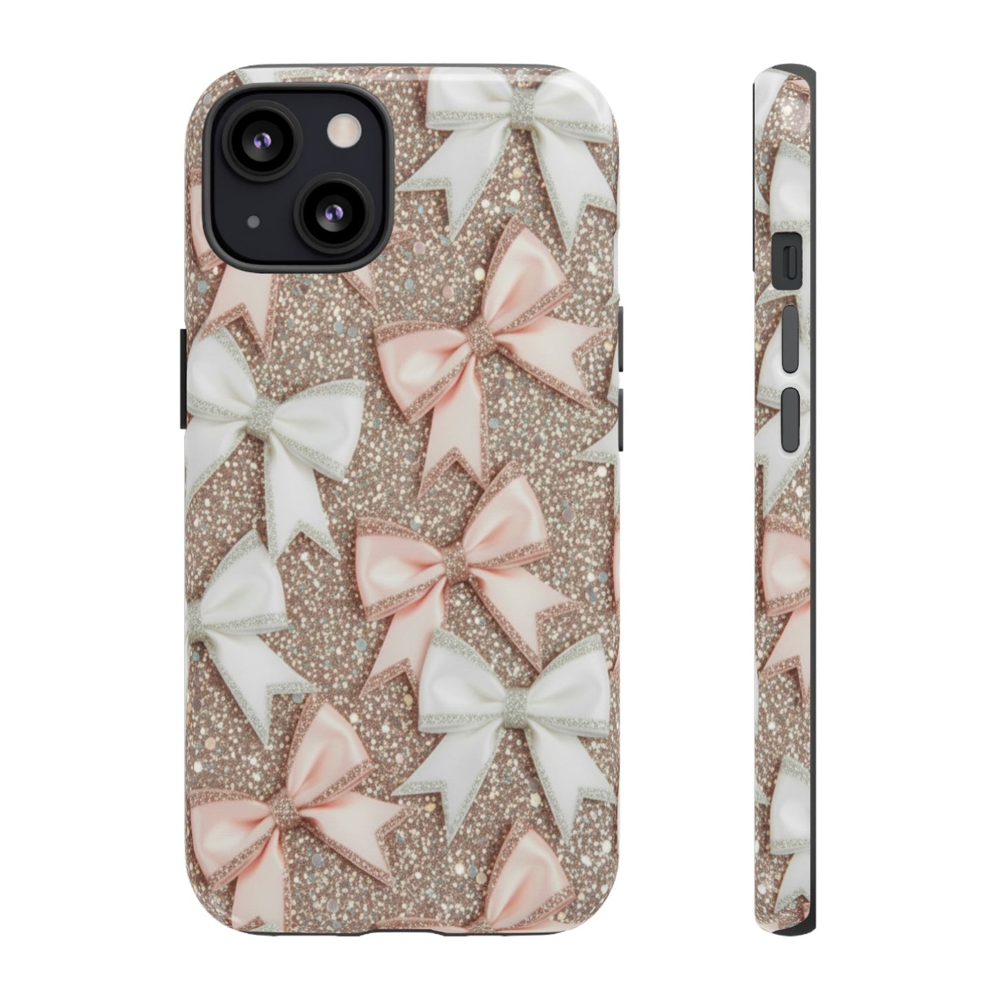 Glitter Bow Tough Phone Case — Pink & White Ribbon Protective Cover