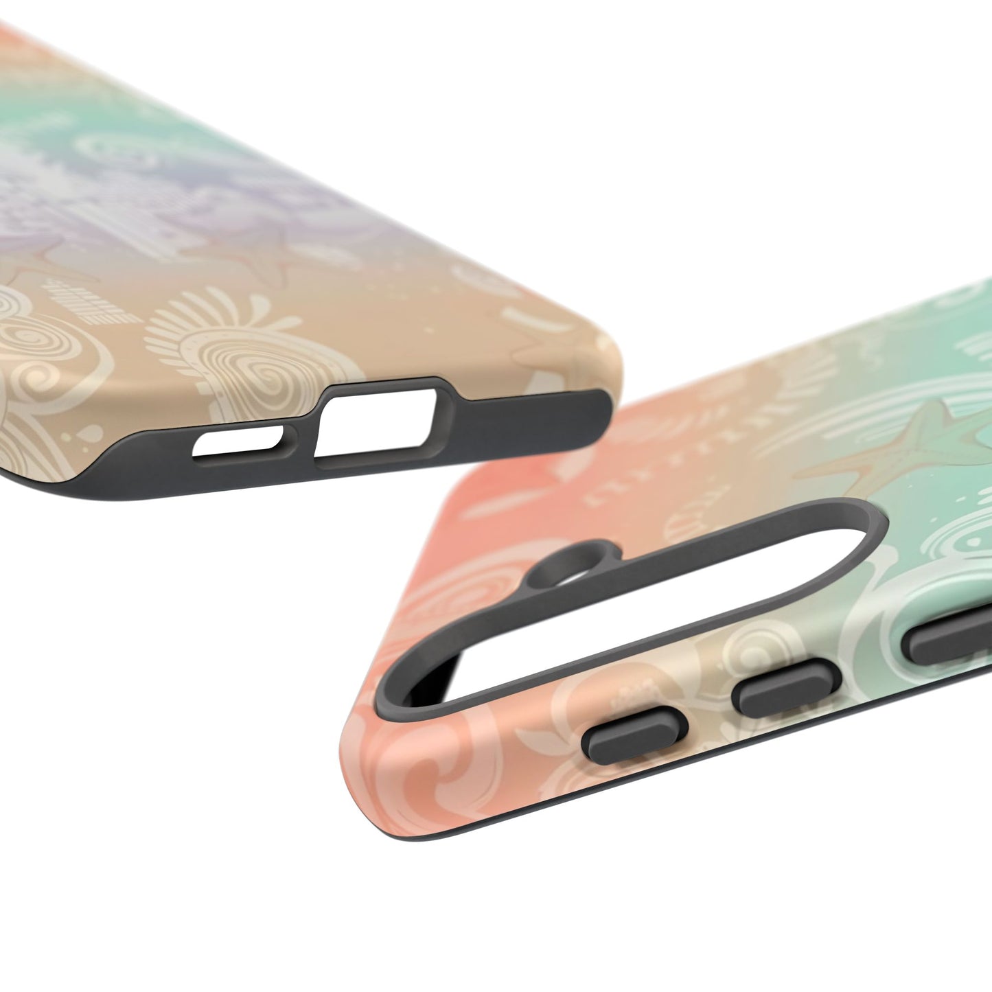 Tough Cases: Pastel Beach Pattern Phone Case — Starfish & Coastal Cityscape Protective Cover
