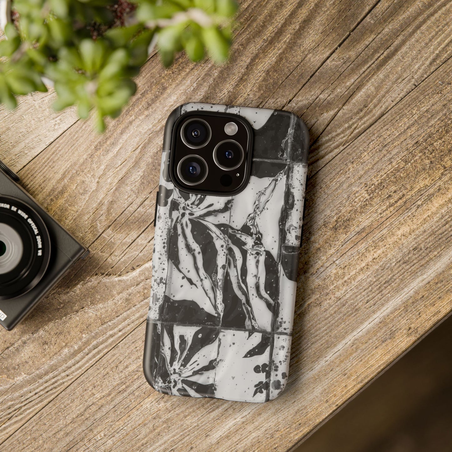 Monochrome Tile Floral Tough Phone Case