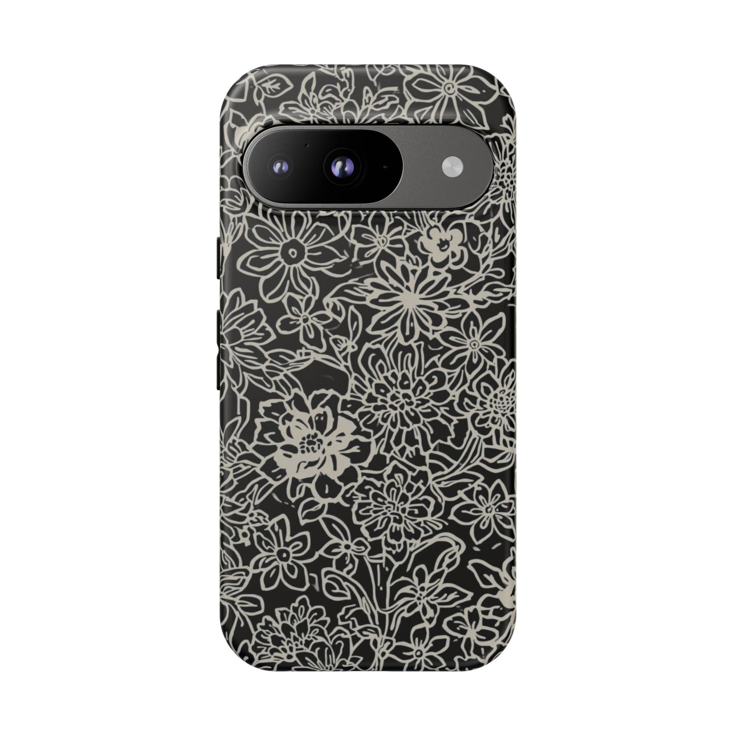 Floral Doodle Tough Phone Case — Black & White Sketch Flower Protective Cover