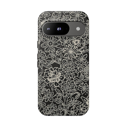 Floral Doodle Tough Phone Case — Black & White Sketch Flower Protective Cover