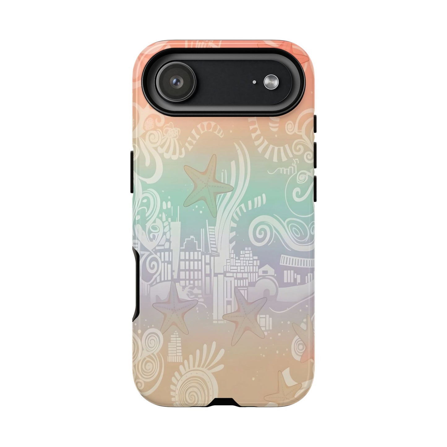 Tough Cases: Pastel Beach Pattern Phone Case — Starfish & Coastal Cityscape Protective Cover