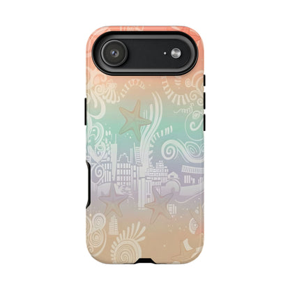 Tough Cases: Pastel Beach Pattern Phone Case — Starfish & Coastal Cityscape Protective Cover