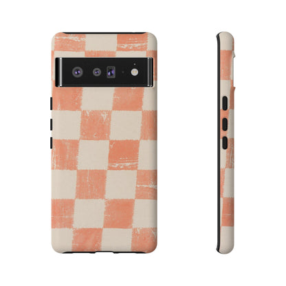 Peach Checkerboard Tough Phone Case — Retro Distressed Grid Design