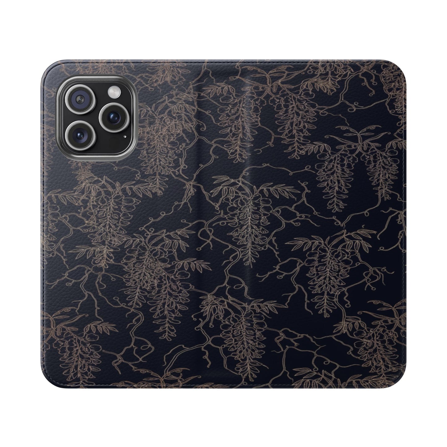 Botanical Noir Flip Phone Case — Dark Floral Wallet Cover with Card Slots