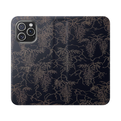 Botanical Noir Flip Phone Case — Dark Floral Wallet Cover with Card Slots