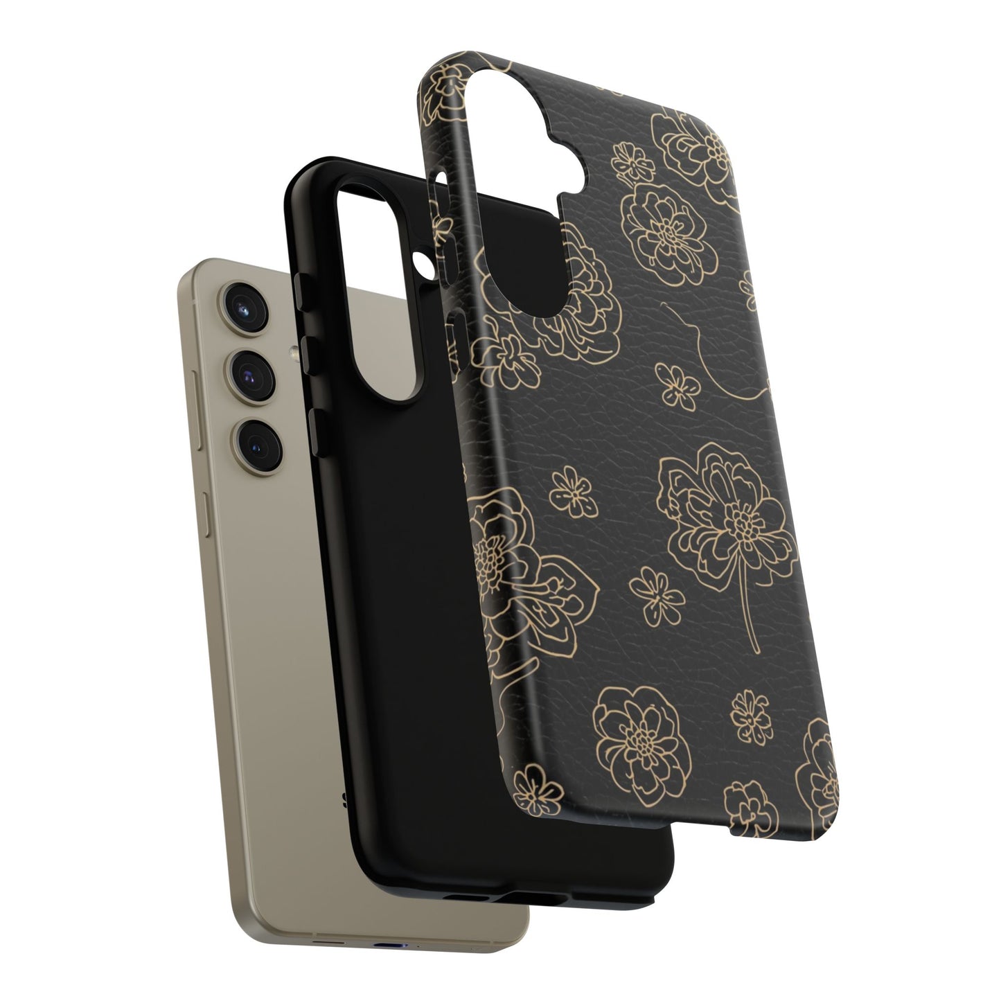 Floral Leather-Texture Tough Case – Black Gold Outline Phone Cover