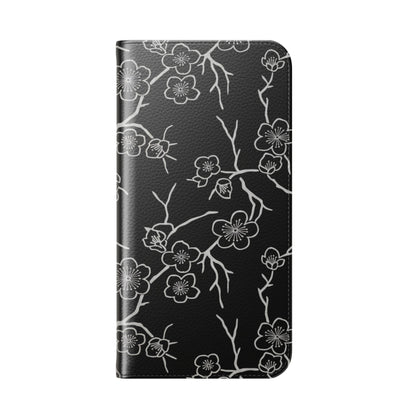 Black Cherry Blossom Flip Phone Case – Floral Wallet Flip Case with Card Slots