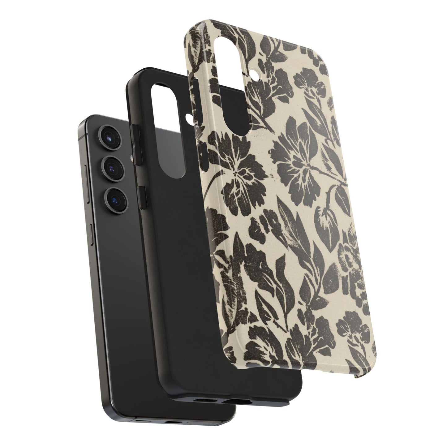 Floral Noir Tough Phone Case — Black Vintage Flower Protective Cover