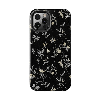 Floral Noir Tough Phone Case — Vintage Black Botanical Protective Cover