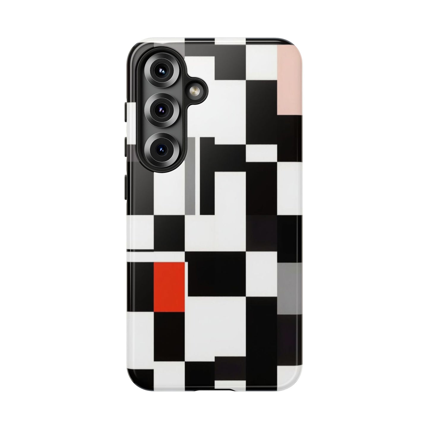 Abstract Geometric Phone Case – Black & White Checker Grid with Red Accent