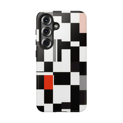 Abstract Geometric Phone Case – Black & White Checker Grid with Red Accent