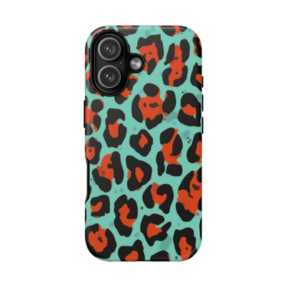 Leopard Print Tough Phone Case — Teal & Rust Protective iPhone Cover