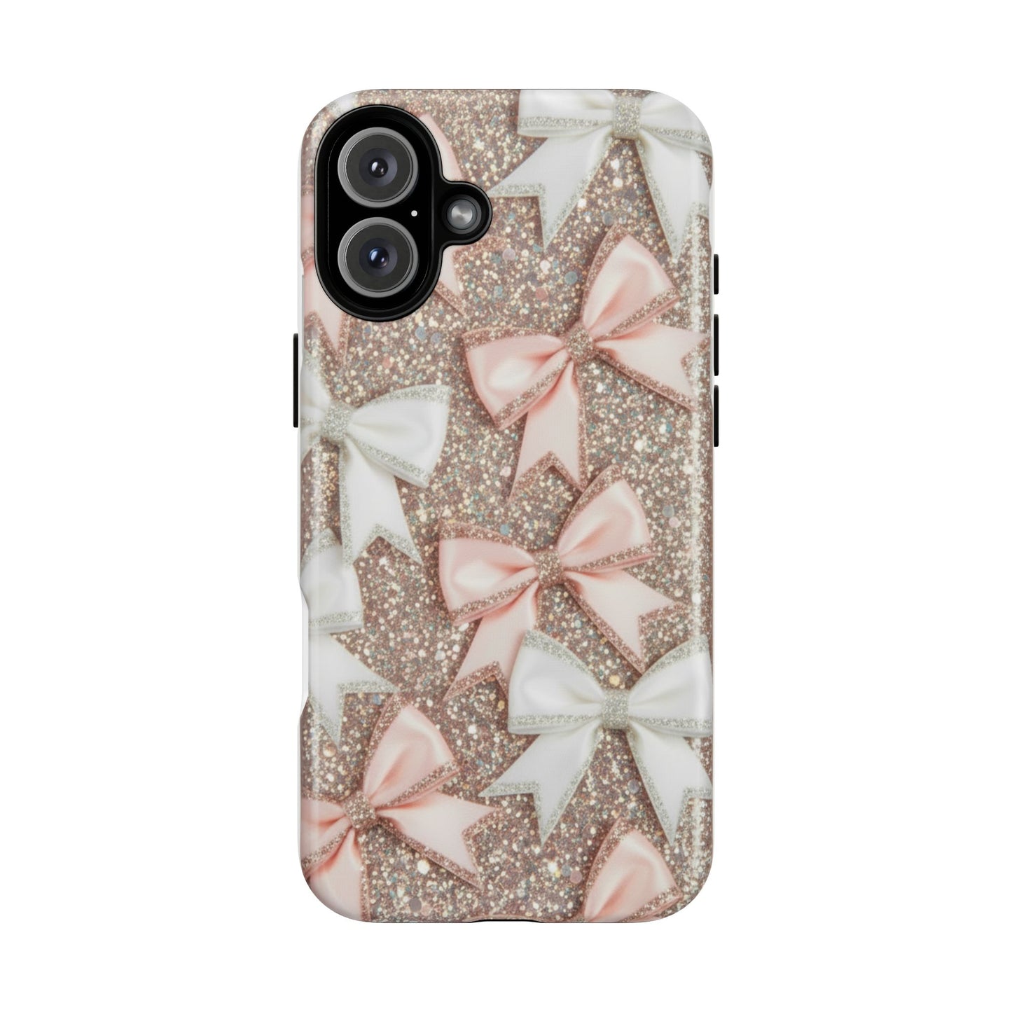 Glitter Bow Tough Phone Case — Pink & White Ribbon Protective Cover