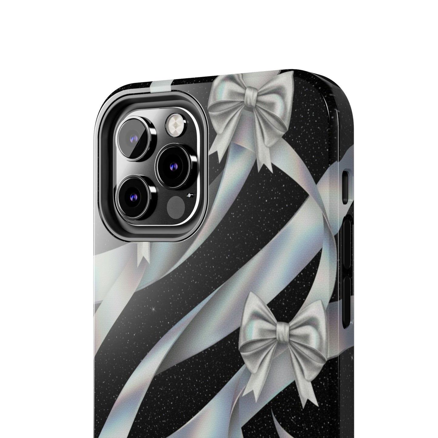 Silver Ribbon Bow Tough Phone Case — Glitter Black Protective Phone Case