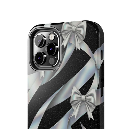 Silver Ribbon Bow Tough Phone Case — Glitter Black Protective Phone Case