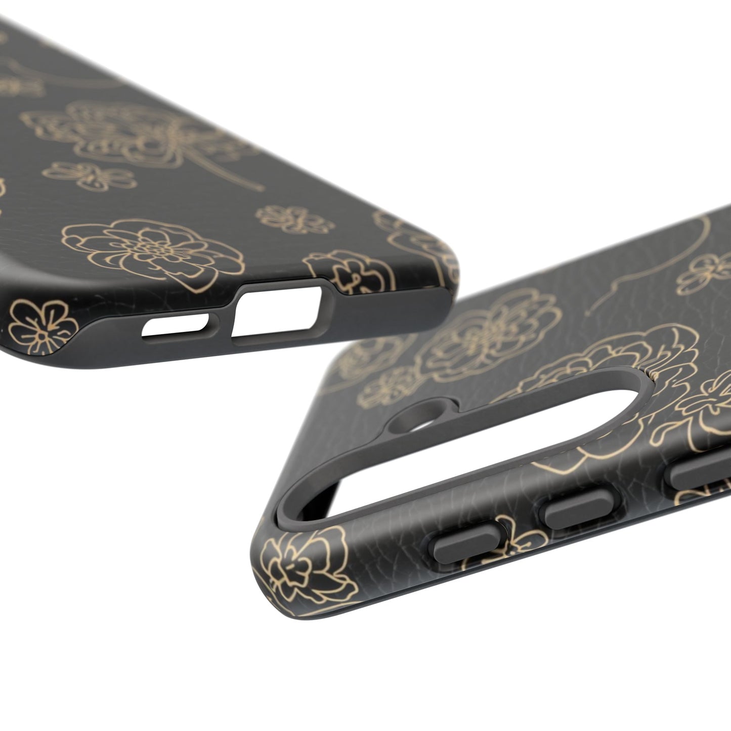 Floral Leather-Texture Tough Case – Black Gold Outline Phone Cover