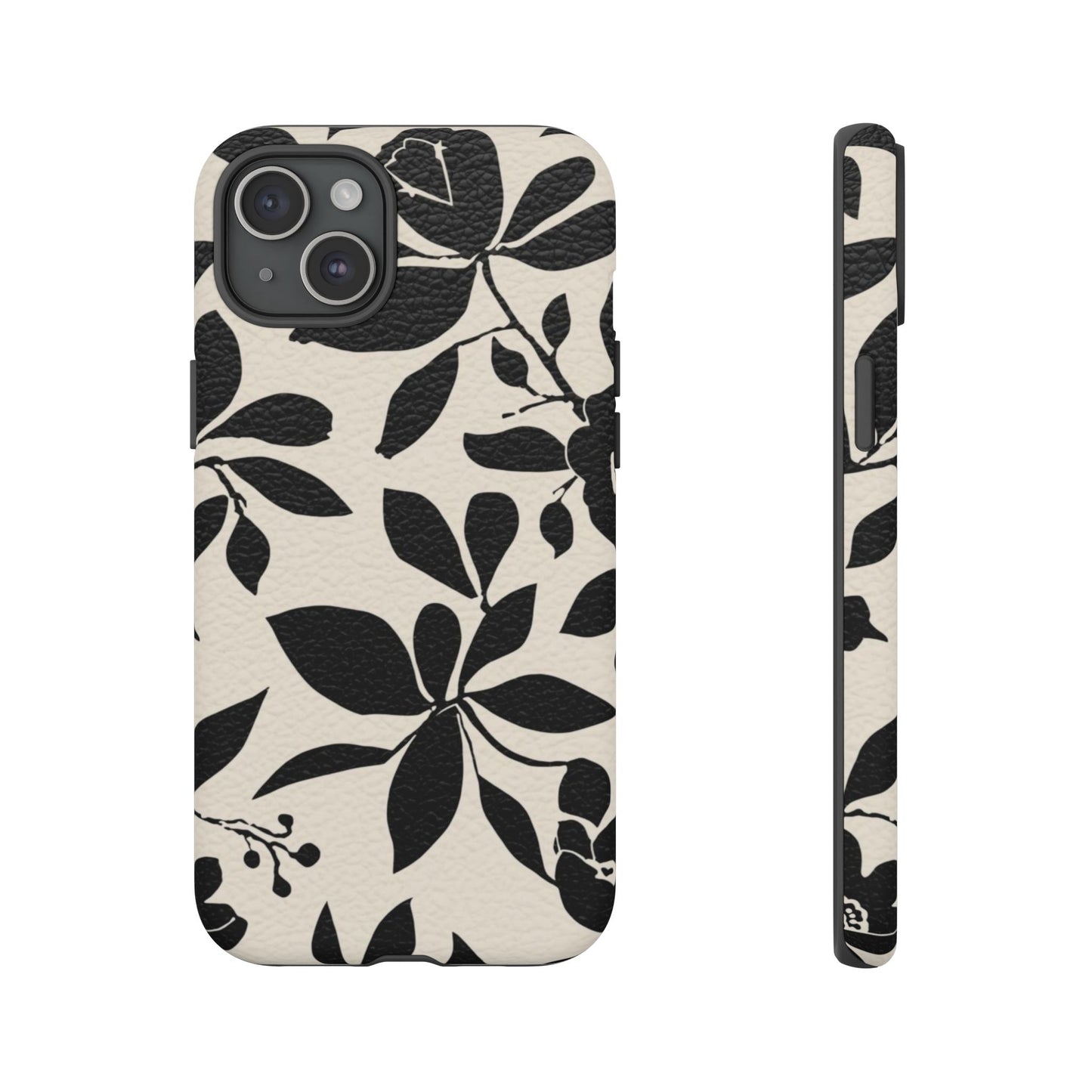 Black Floral Pattern Phone Case — Monochrome Botanical Tough Case