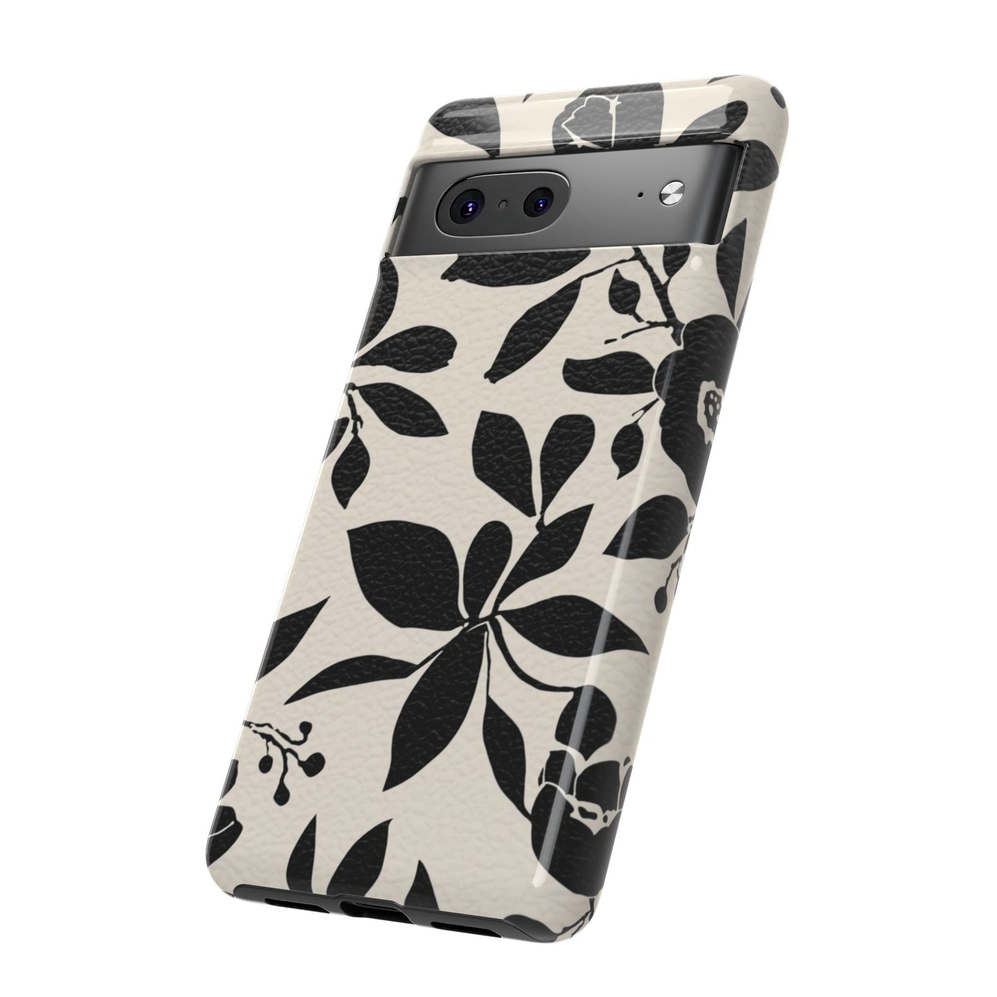 Black Floral Pattern Phone Case — Monochrome Botanical Tough Case