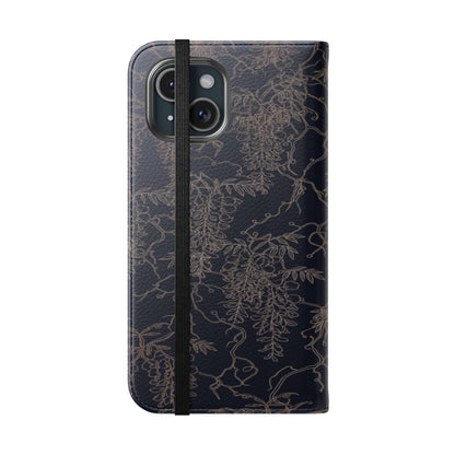 Botanical Noir Flip Phone Case — Dark Floral Wallet Cover with Card Slots