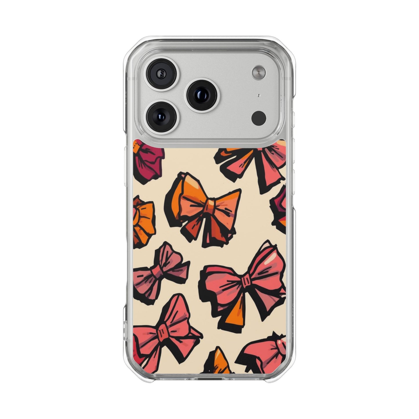 Clear Magnetic Phone Case — Hand-Drawn Pink & Orange Bows Design