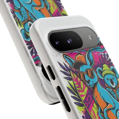 Kangaroo & Koala Surf Phone Case — Retro Neon Beach Art Tough Case