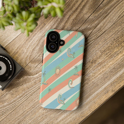 Retro Beach Stripes Phone Case — Sun, Waves & Palm Pattern Tough Case