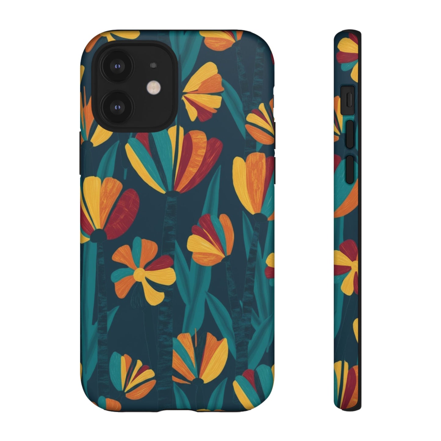 Floral Retro Teal Tough Phone Case — Vibrant Orange & Mustard Blooms