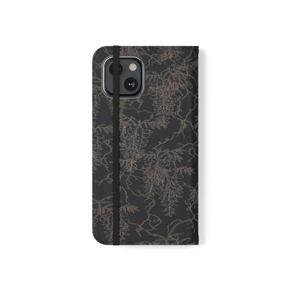 Botanical Noir Flip Phone Case — Dark Floral Wallet Cover with Card Slots