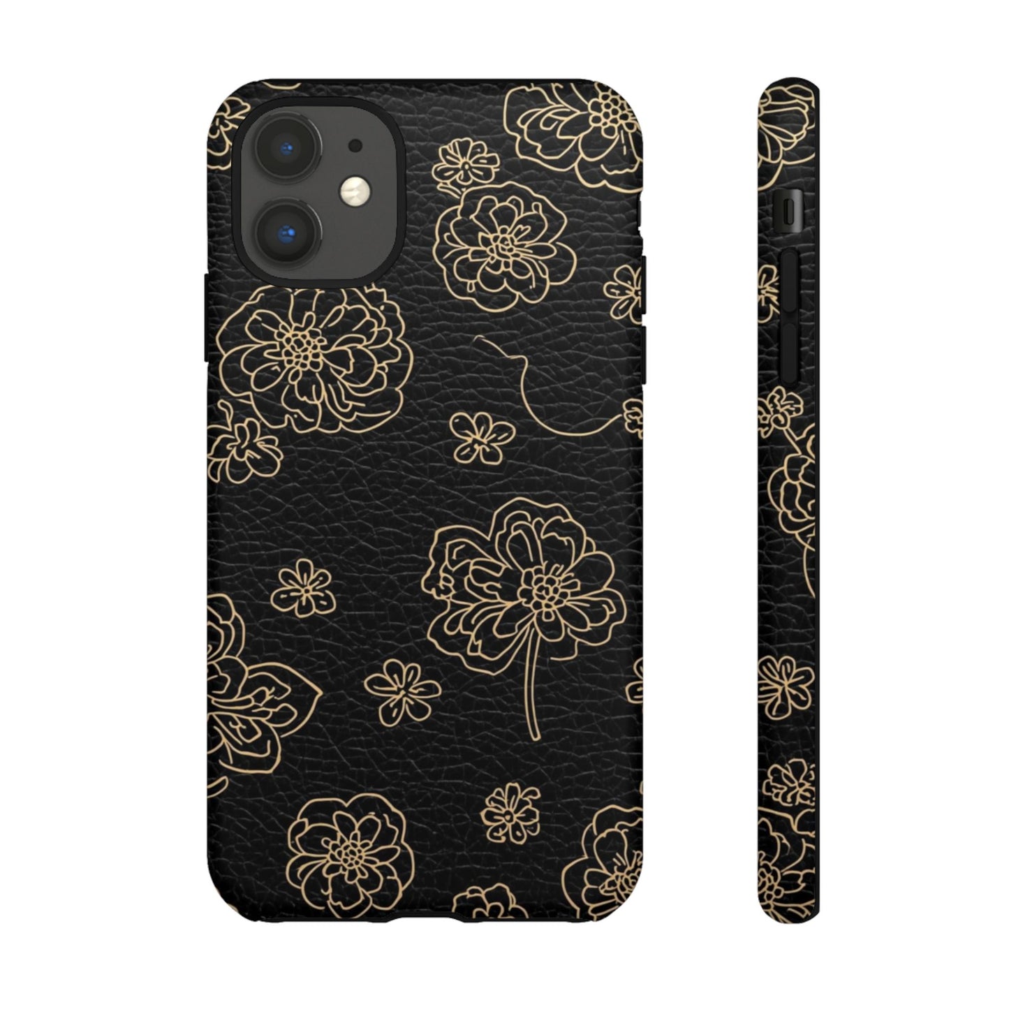 Floral Leather-Texture Tough Case – Black Gold Outline Phone Cover