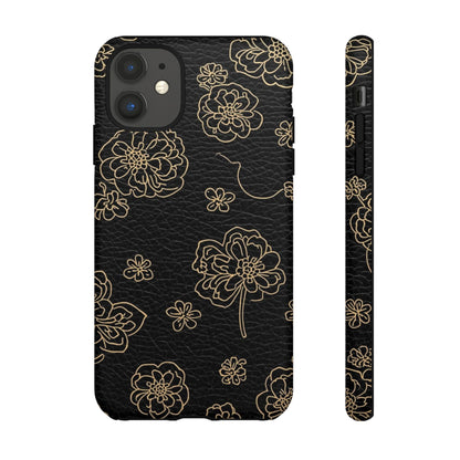 Floral Leather-Texture Tough Case – Black Gold Outline Phone Cover