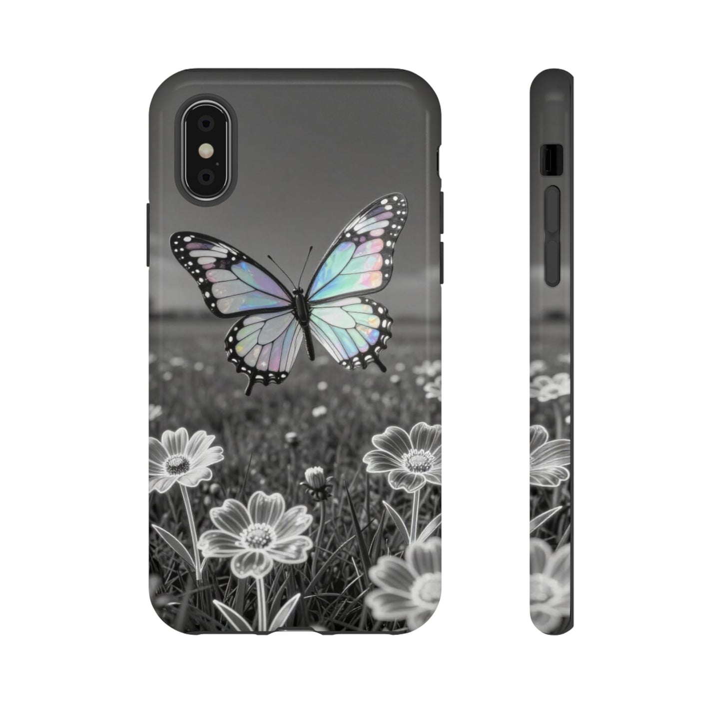 Butterfly Field Tough Phone Case — Pastel Holographic Butterfly on Black & White Floral Background