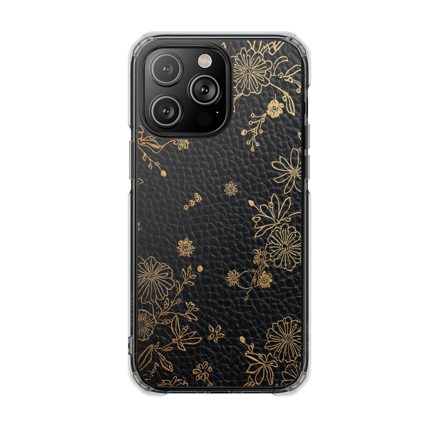 Clear Impact Phone Case — Black Leather Texture with Gold Floral Foil