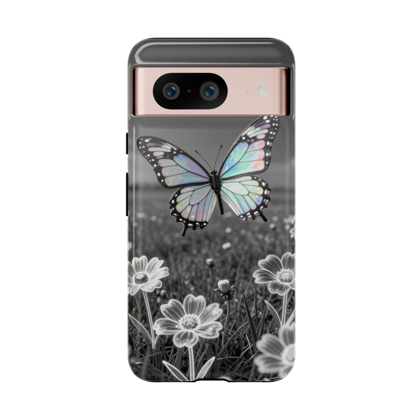 Butterfly Field Tough Phone Case — Pastel Holographic Butterfly on Black & White Floral Background