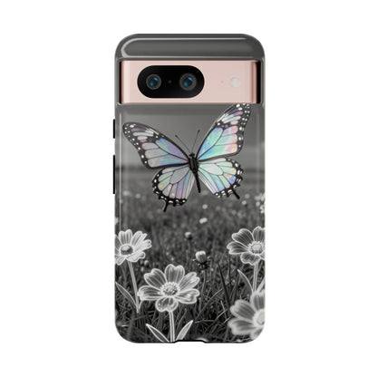 Butterfly Field Tough Phone Case — Pastel Holographic Butterfly on Black & White Floral Background