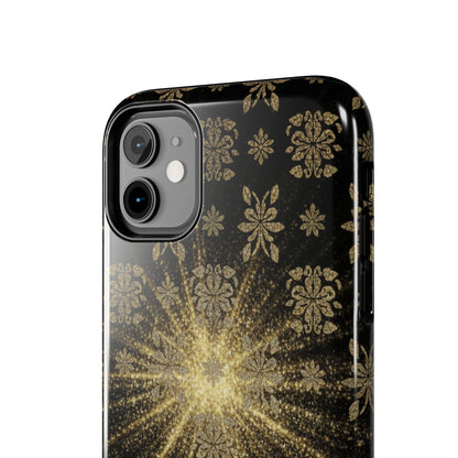 Glitter Burst Tough Phone Case — Black & Gold Floral Protective Cover