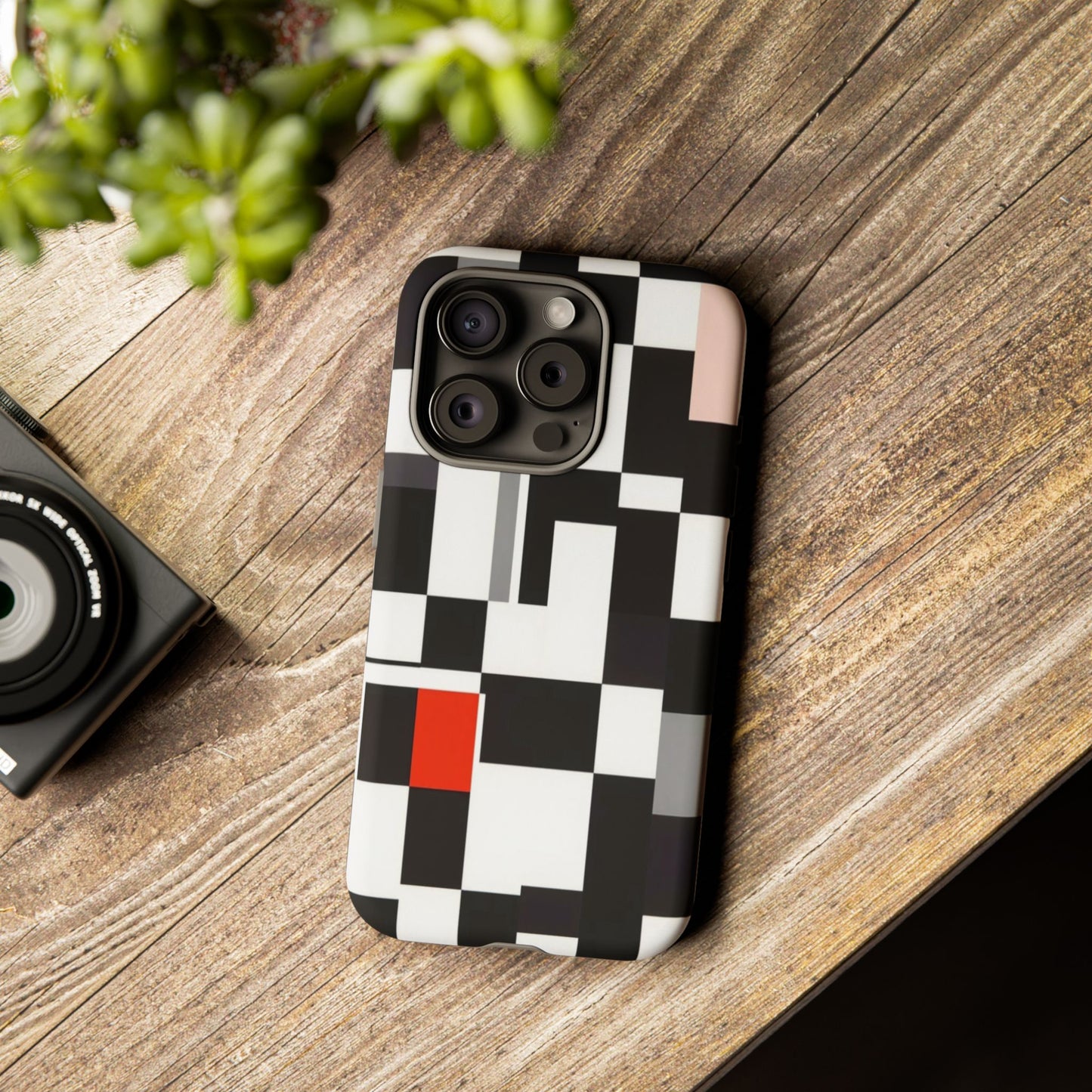 Abstract Geometric Phone Case – Black & White Checker Grid with Red Accent