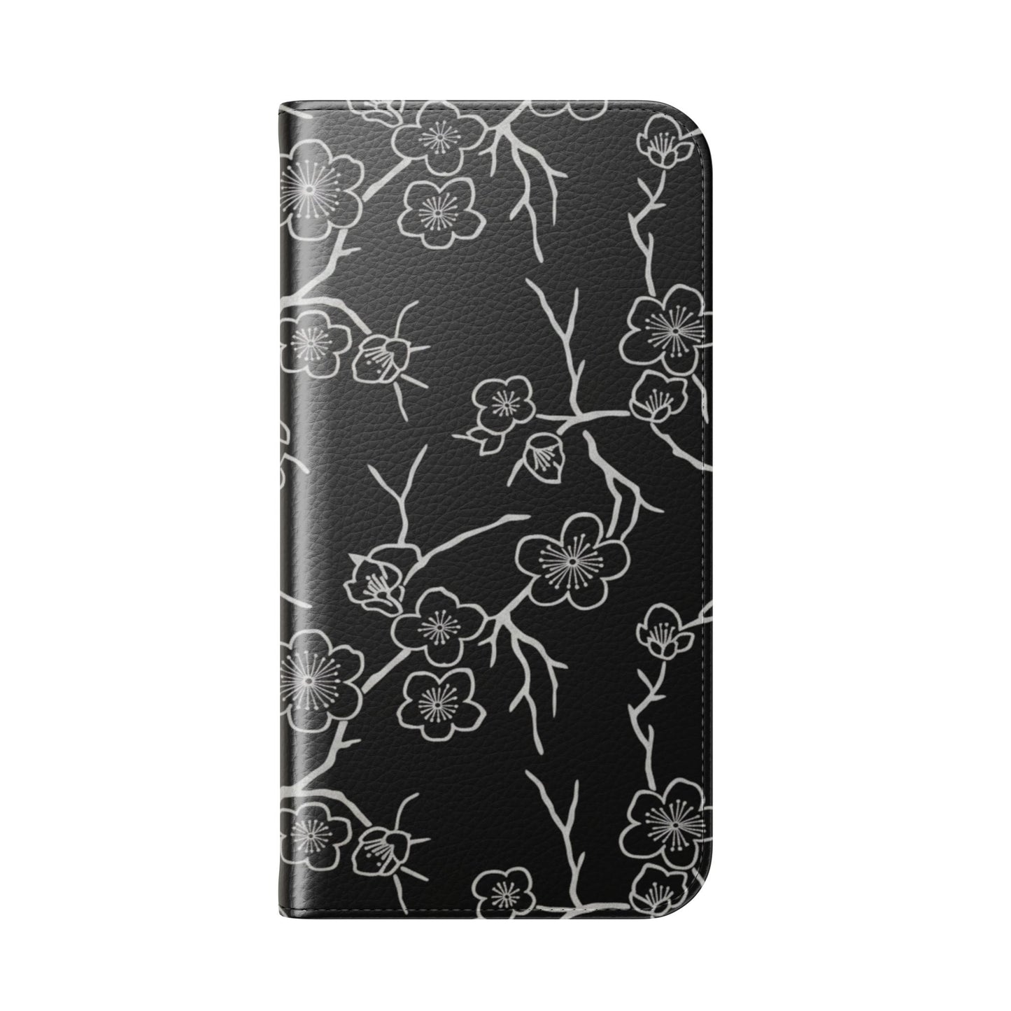 Black Cherry Blossom Flip Phone Case – Floral Wallet Flip Case with Card Slots