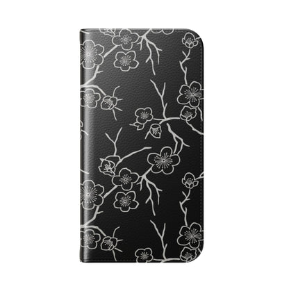 Black Cherry Blossom Flip Phone Case – Floral Wallet Flip Case with Card Slots
