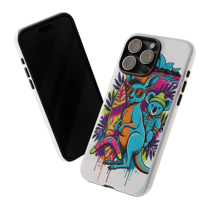 Kangaroo & Koala Surf Phone Case — Retro Neon Beach Art Tough Case