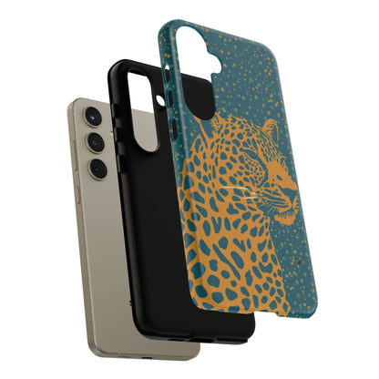 Leopard Print Tough Phone Case — Gold Panther on Teal, Protective iPhone Cover