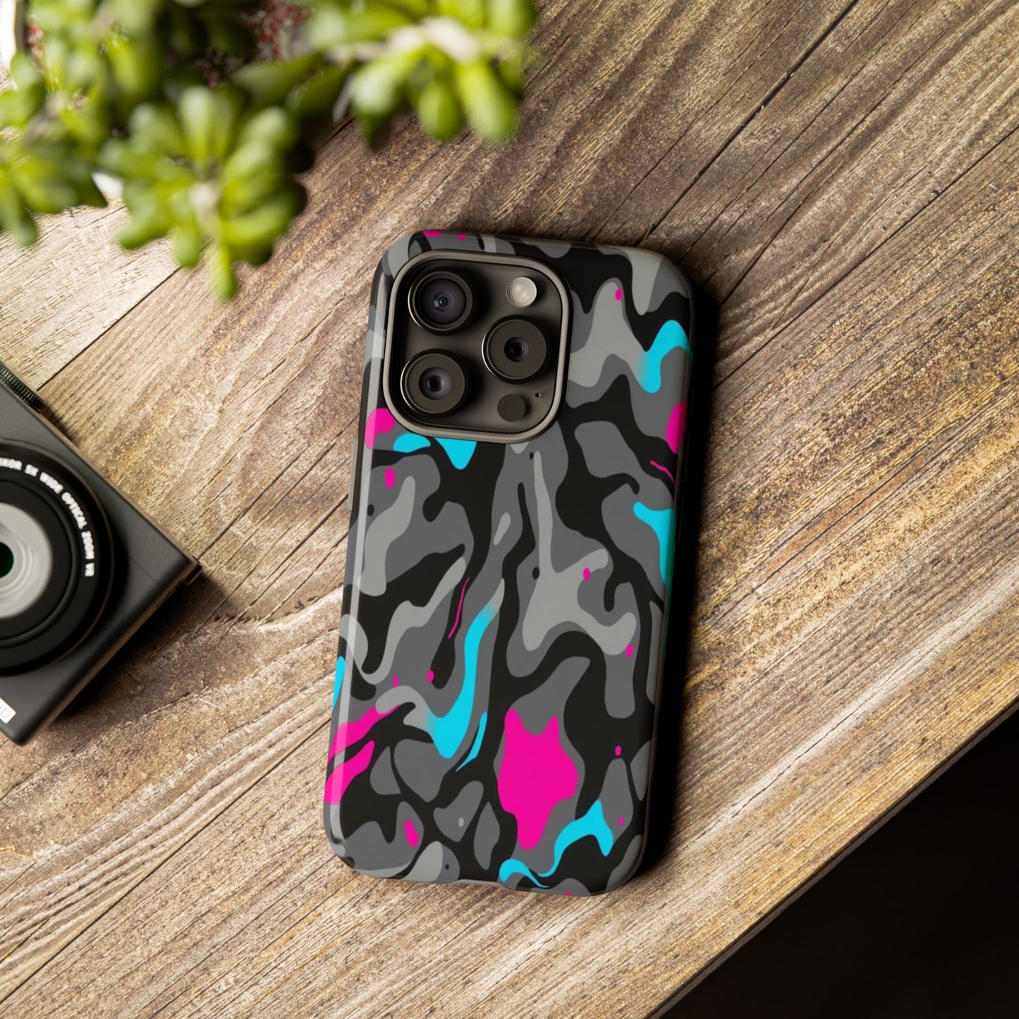 Camouflage Phone Case — Gray Camo with Neon Pink & Cyan Accent Tough Protective Cover
