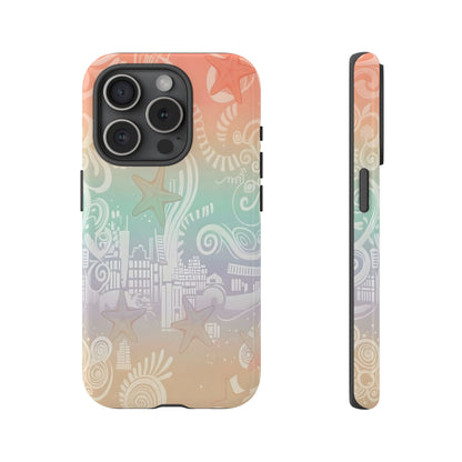 Tough Cases: Pastel Beach Pattern Phone Case — Starfish & Coastal Cityscape Protective Cover