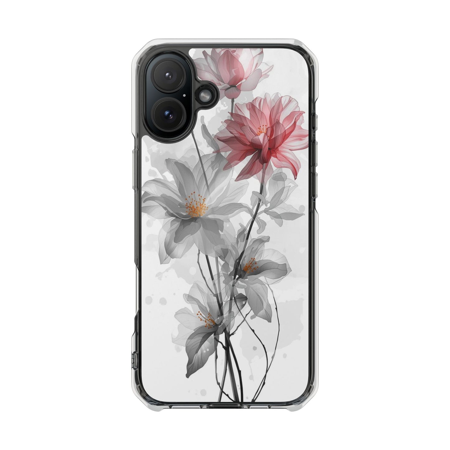 Clear Magnetic Phone Case — Watercolor Pink & Gray Floral Impact Protection