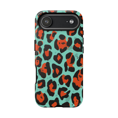 Leopard Print Tough Phone Case — Teal & Rust Protective iPhone Cover