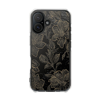 Floral Sketch Magnetic Clear Phone Case — Black & Gold Botanical Impact Case