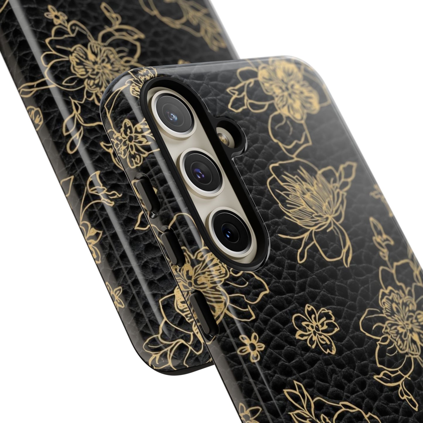 Floral Leather Phone Case — Gold Outline Flowers on Black Tough Case